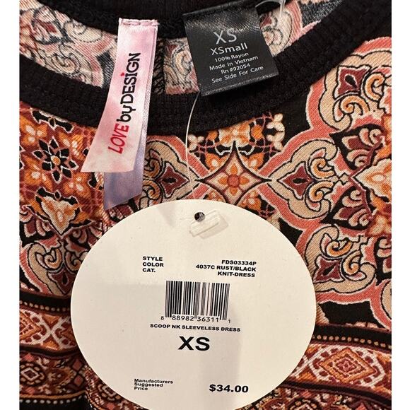 Love by Design Sleeveless Dress XS Rust Black Boho Print Rayon Scoop Neck - Picture 3 of 5